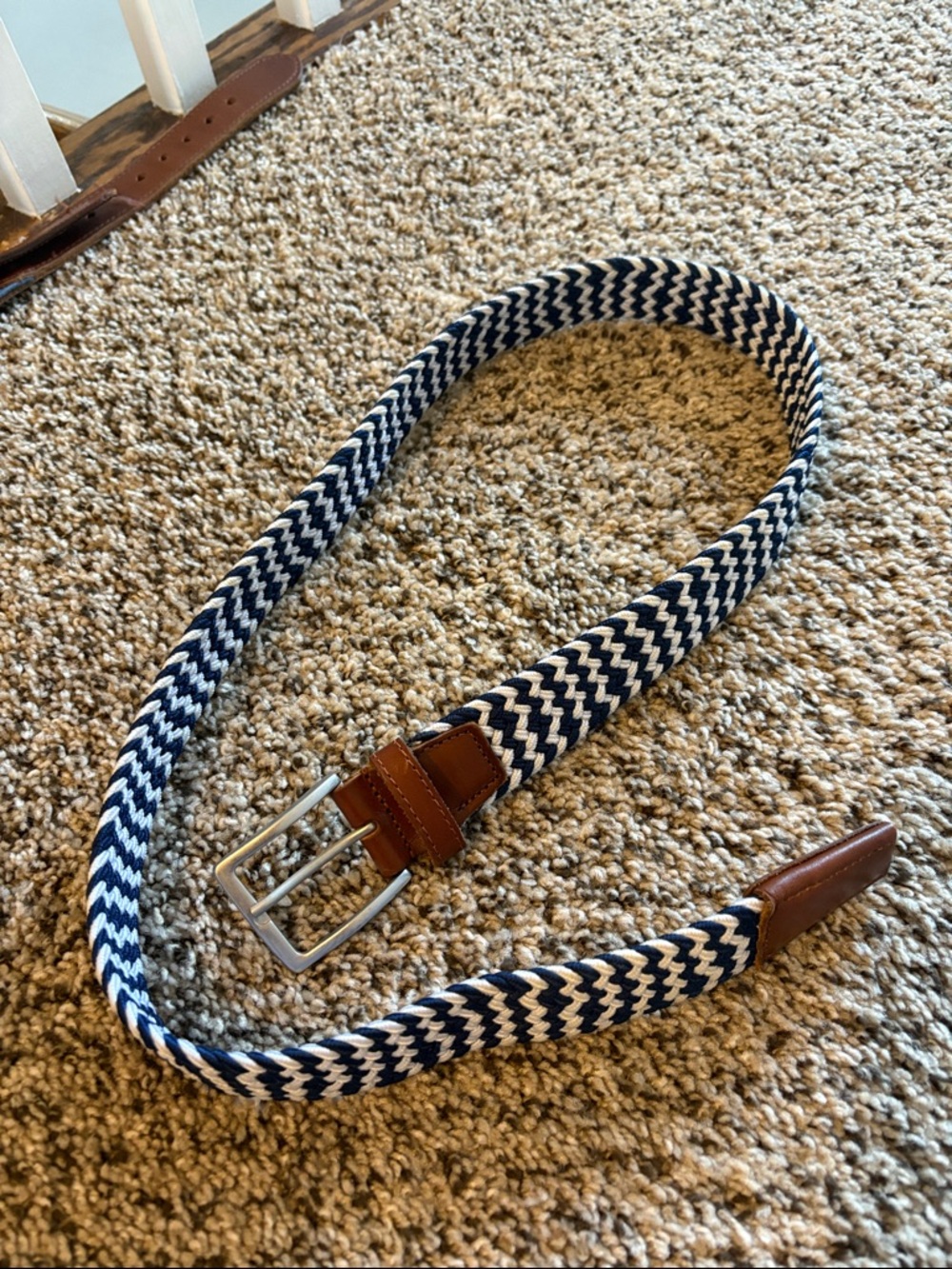 J. Crew Woven Navy and White Braided Men's Belt with Brown Leather Trim size m